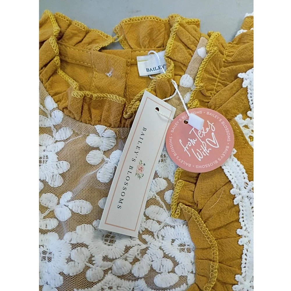 Baileys Blossoms Mustard Yellow Lace Ruffle Long Sleeve‎ Bubble Romper NWT